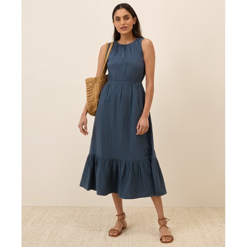 Pact Organic Cotton Coastal Gauze Midi Dress Navy Blue Small Sleeveless Pockets